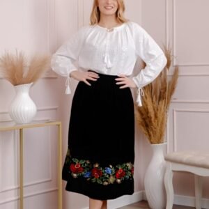 Fusta traditionala neagra cu broderie florala multicolora Ilinca