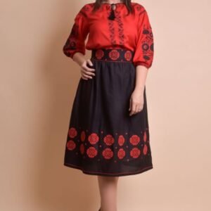 Fusta traditionala neagra cu broderie florala rosie Eva 03