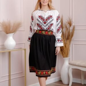 Fusta traditionala neagra cu broderie florala rosie Maria 02