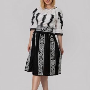 Fusta traditionala neagra cu broderie geometrica alba Anastasia