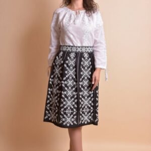 Fusta traditionala neagra cu broderie geometrica alba Eliza