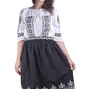 Fusta traditionala neagra cu broderie geometrica alba Mara