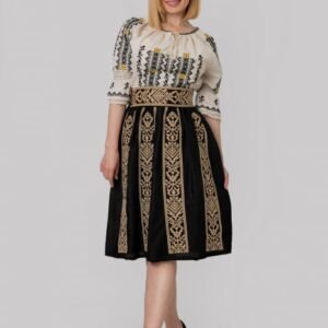 Fusta traditionala neagra cu broderie geometrica crem Doina