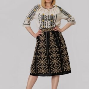 Fusta traditionala neagra cu broderie geometrica crem Elisabeta