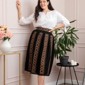 Fusta traditionala neagra cu broderie geometrica maro Magdalena 01