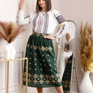 Fusta traditionala verde cu broderie florala aurie Ramona 02