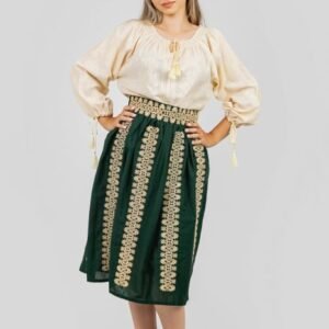 Fusta traditionala verde cu broderie florala crem Cecilia 02
