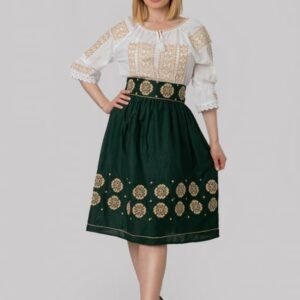 Fusta traditionala verde cu broderie florala crem Eva 04