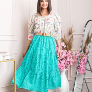 Fusta turcoaz deschis boho chic cu perforatii si curea in talie