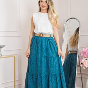 Fusta turcoaz inchis boho chic cu perforatii si curea in talie