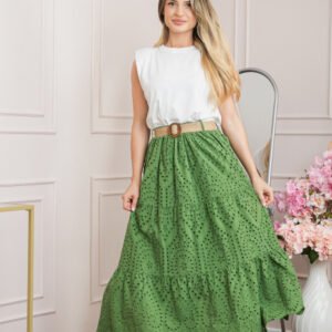 Fusta verde boho chic cu perforatii si curea in talie