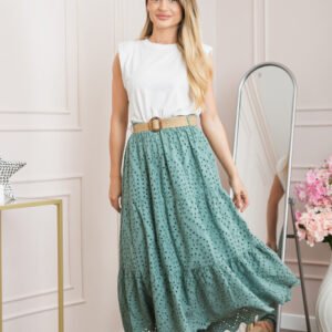 Fusta verde mint boho chic cu perforatii si curea in talie