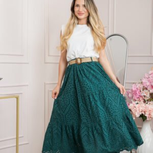 Fusta verde petrol boho chic cu perforatii si curea in talie
