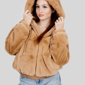 Geaca camel din blanita sintetica cu gluga