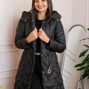 Geaca lunga matlasata Ashley cu gluga detasabila si snur in talie - Negru