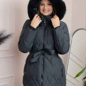 Geaca lunga matlasata din fas Valerie cu gluga detasabila si cordon - Bleumarin