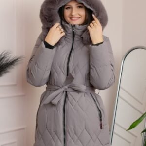 Geaca lunga matlasata din fas Valerie cu gluga detasabila si cordon - Gri lavanda