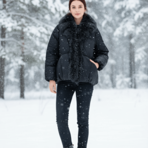 Geaca neagra matlasata din fas cu blana