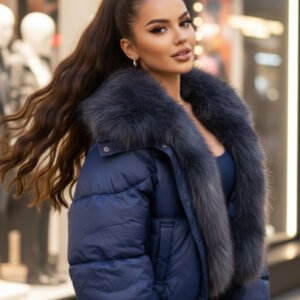 Geaca scurta neagra cu blana ecologica bleumarin