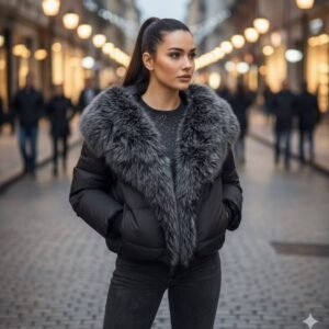 Geaca scurta neagra cu blana ecologica gri