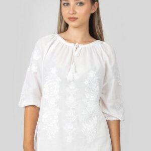 Ie traditionala alba cu motiv floral alb Amelia