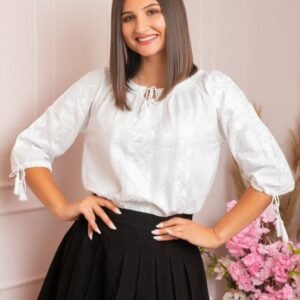Ie traditionala alba cu motiv floral alb Aurelia 04