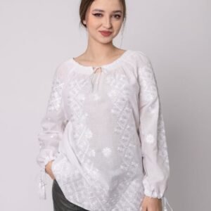 Ie traditionala alba cu motiv floral alb Codrina 03