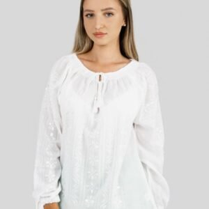 Ie traditionala alba cu motiv floral alb Lacramioara 01 - maneca lunga