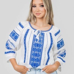 Ie traditionala alba cu motiv floral albastru Atena 01