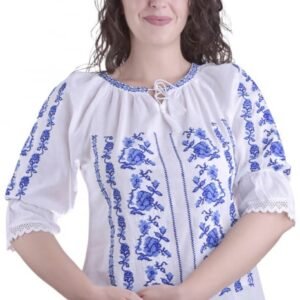 Ie traditionala alba cu motiv floral albastru Carolina 02