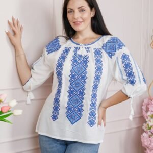 Ie traditionala alba cu motiv floral albastru Corina 04