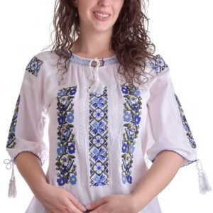 Ie traditionala alba cu motiv floral albastru Marina 01