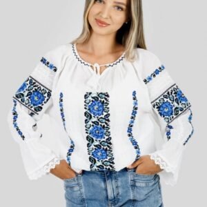 Ie traditionala alba cu motiv floral albastru Mihaela 01