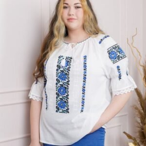 Ie traditionala alba cu motiv floral albastru Mihaela 02