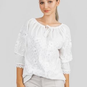 Ie traditionala alba cu motiv floral argintiu Angelica 01