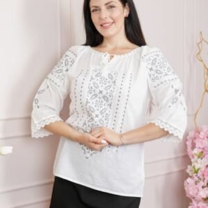 Ie traditionala alba cu motiv floral argintiu Mira