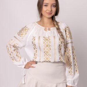 Ie traditionala alba cu motiv floral auriu Aurelia 01