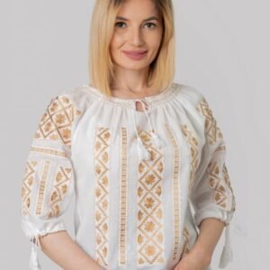 Ie traditionala alba cu motiv floral auriu Aurelia 02