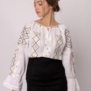 Ie traditionala alba cu motiv floral auriu Dana 01