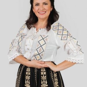 Ie traditionala alba cu motiv floral auriu Dana 02