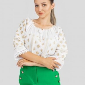 Ie traditionala alba cu motiv floral auriu Elvira