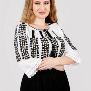 Ie traditionala alba cu motiv floral auriu Ilona