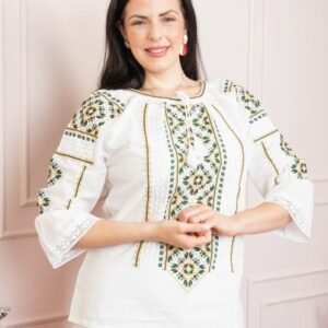Ie traditionala alba cu motiv floral crem Martina 02