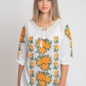 Ie traditionala alba cu motiv floral galben Alina 02