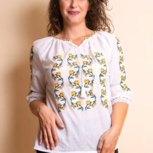 Ie traditionala alba cu motiv floral galben Anisoara