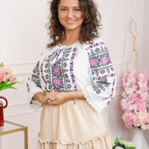 Ie traditionala alba cu motiv floral mov Adriela 01