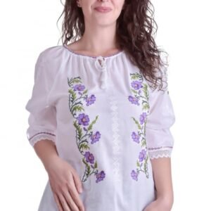 Ie traditionala alba cu motiv floral mov Aida