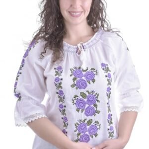 Ie traditionala alba cu motiv floral mov Andra