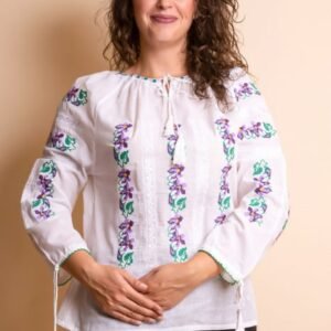 Ie traditionala alba cu motiv floral mov Brandusa - maneca lunga