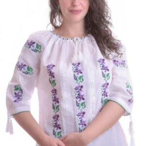 Ie traditionala alba cu motiv floral mov Brandusa - maneca scurta